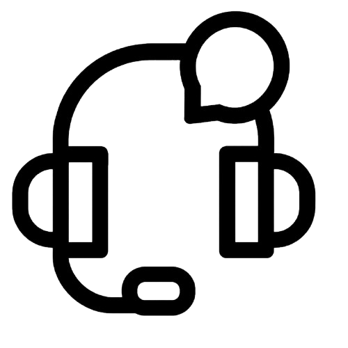 A black and white line icon of a headset with a microphone and a speech bubble, representing customer service or technical support.